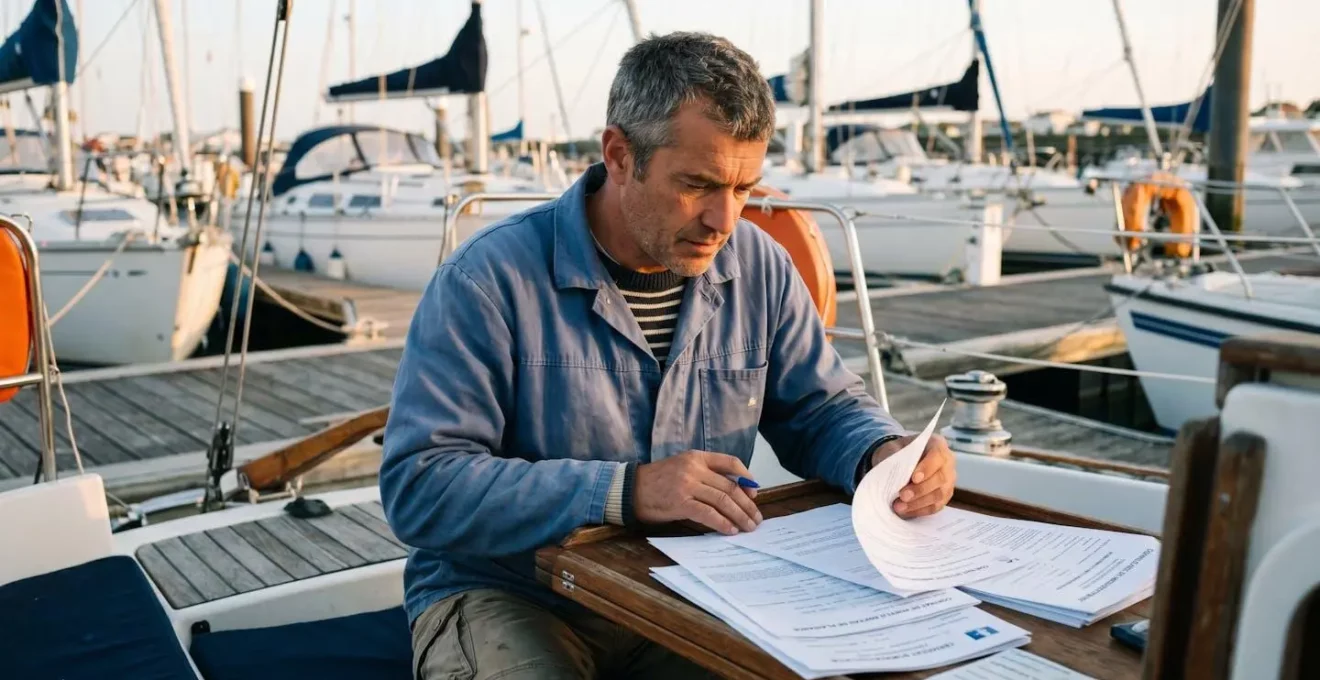 Plaisancier consultant des documents administratifs d'immatriculation et d'acte de vente dans le cockpit d'un voilier amarré dans un port de plaisance français