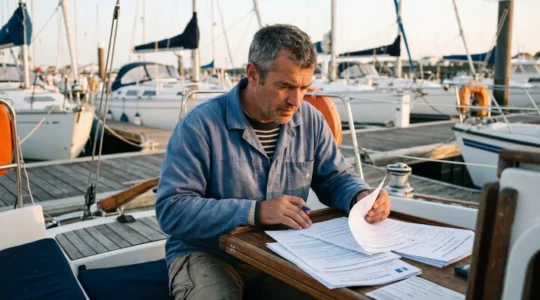 Plaisancier consultant des documents administratifs d'immatriculation et d'acte de vente dans le cockpit d'un voilier amarré dans un port de plaisance français